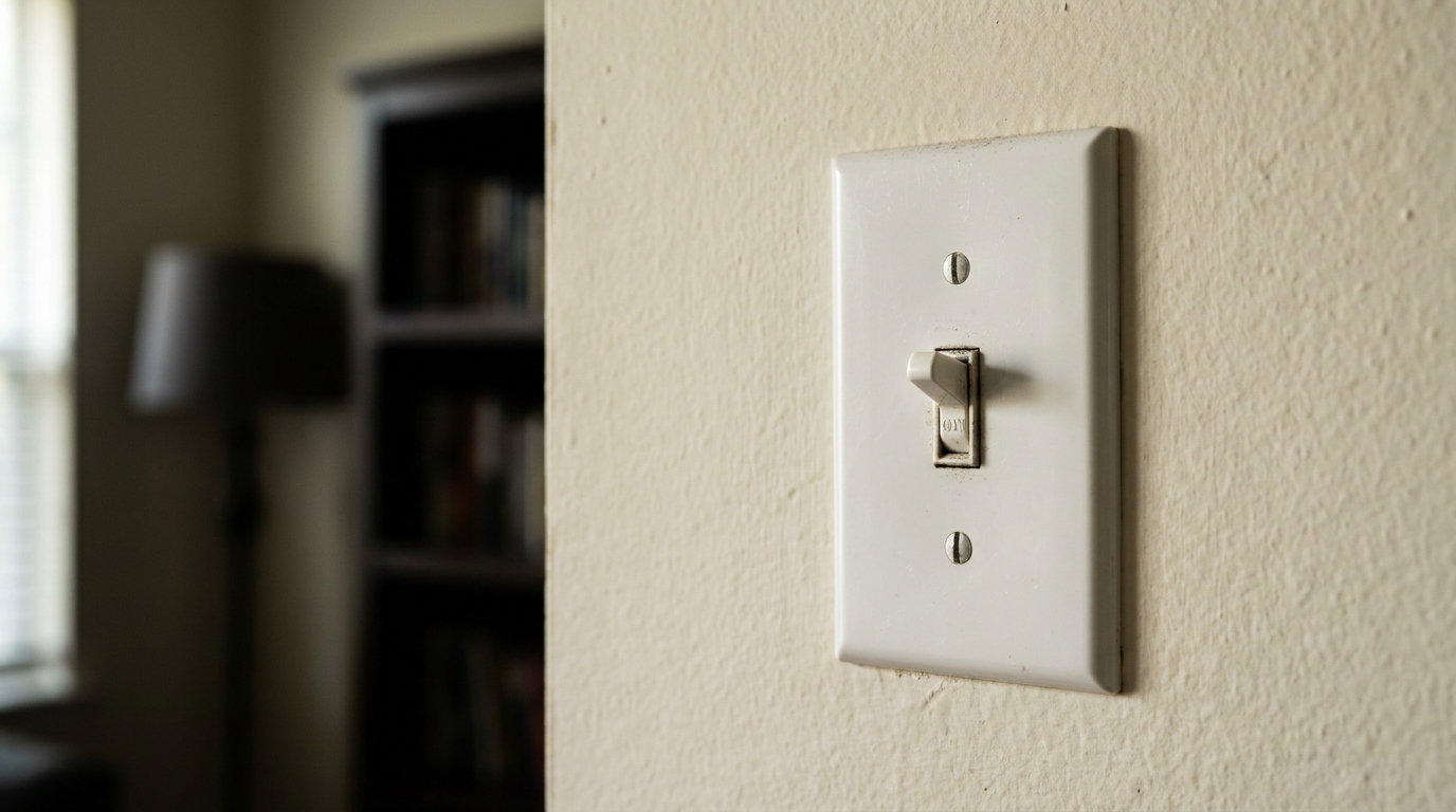 A non-working white light switch on a wall, stuck in the on position but the light is not on.