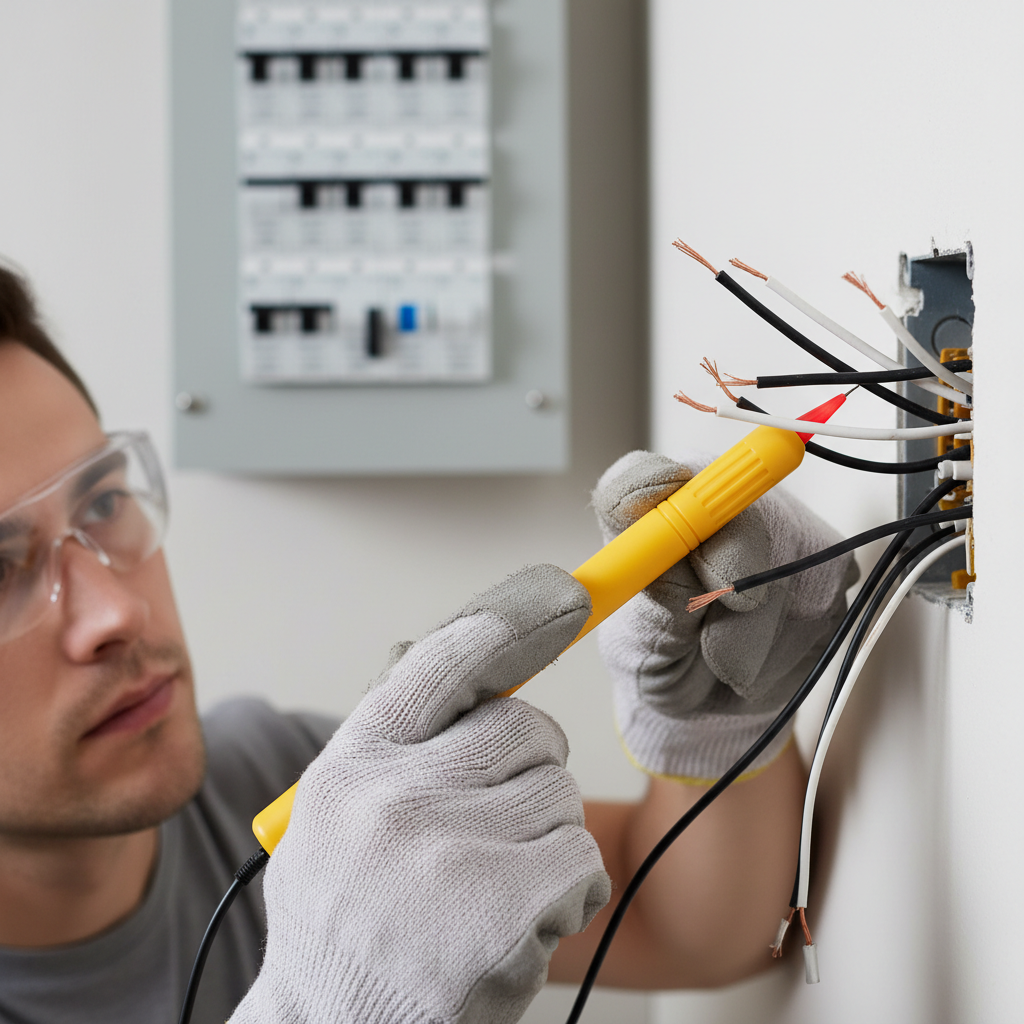 Homeowner testing light switch wires with a non-contact voltage tester before replacement