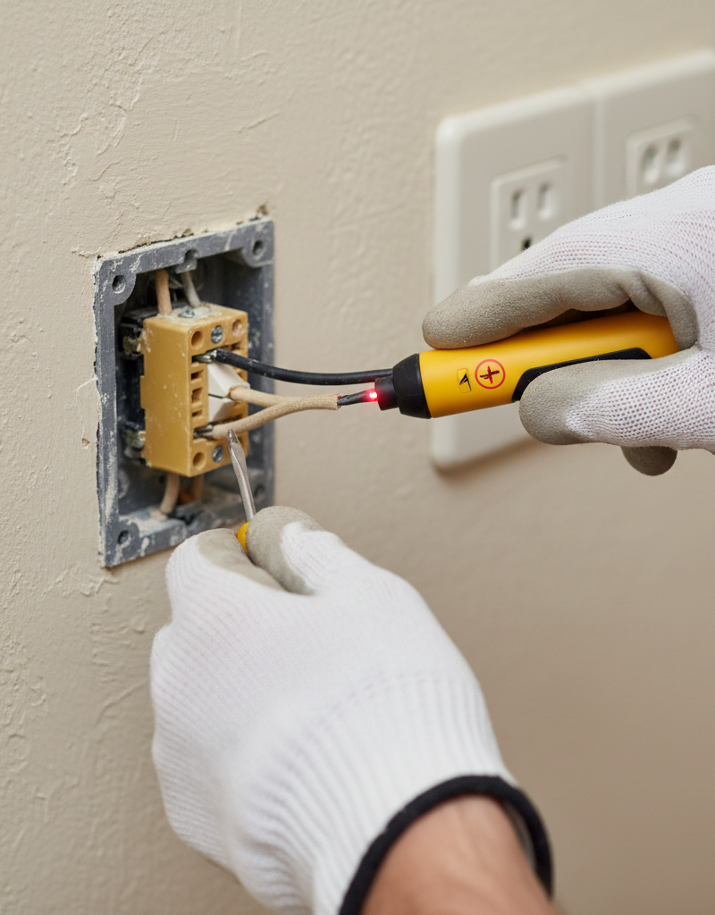 Homeowner using a non-contact voltage tester to ensure wires are dead before replacing a light switch.