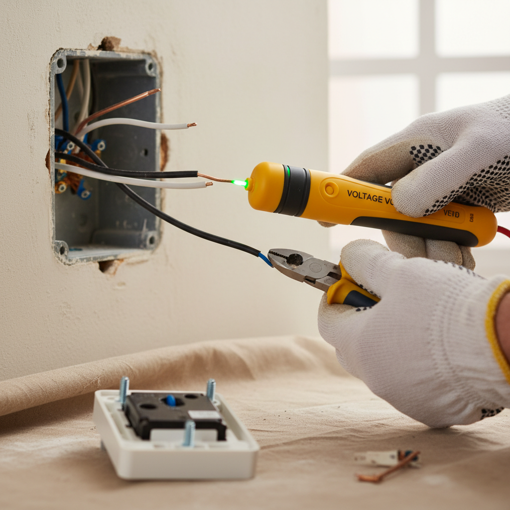 Hands using a non-contact voltage tester on exposed light switch wires