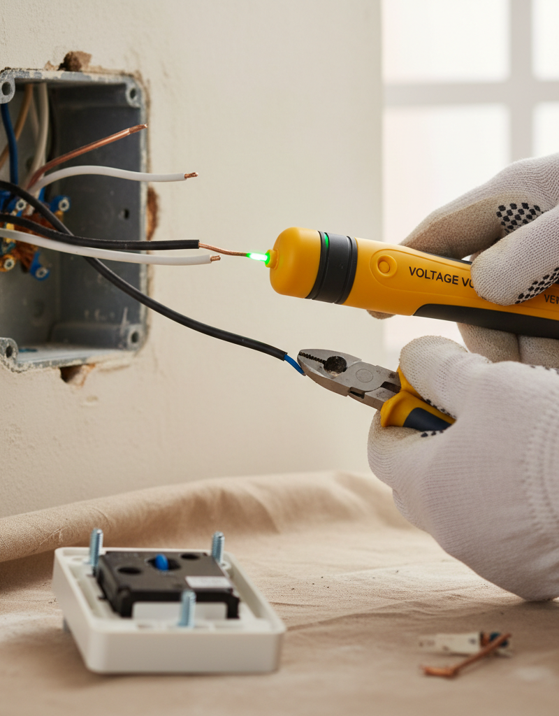 Hands using a non-contact voltage tester on exposed light switch wires