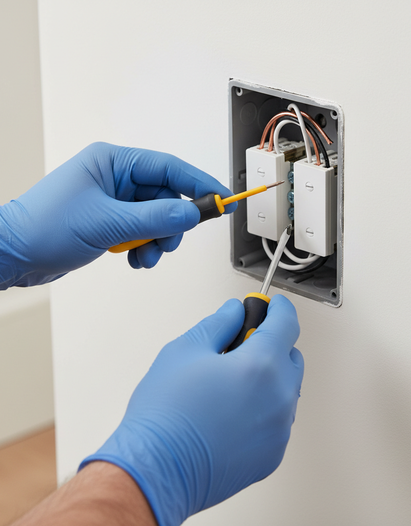 Homeowner safely replacing a light switch, testing for power with a voltage tester