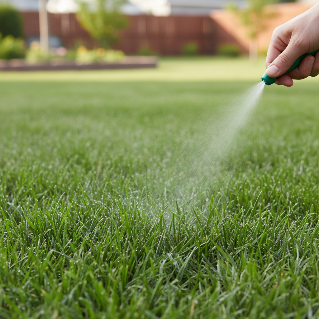 Close-up of a verdant lawn being sprayed with liquid fertilizer by a homeowner.