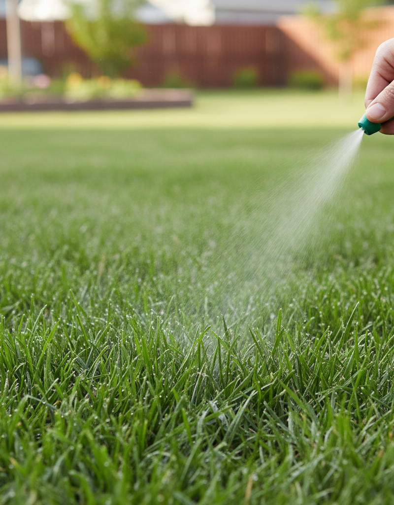 Close-up of a verdant lawn being sprayed with liquid fertilizer by a homeowner.