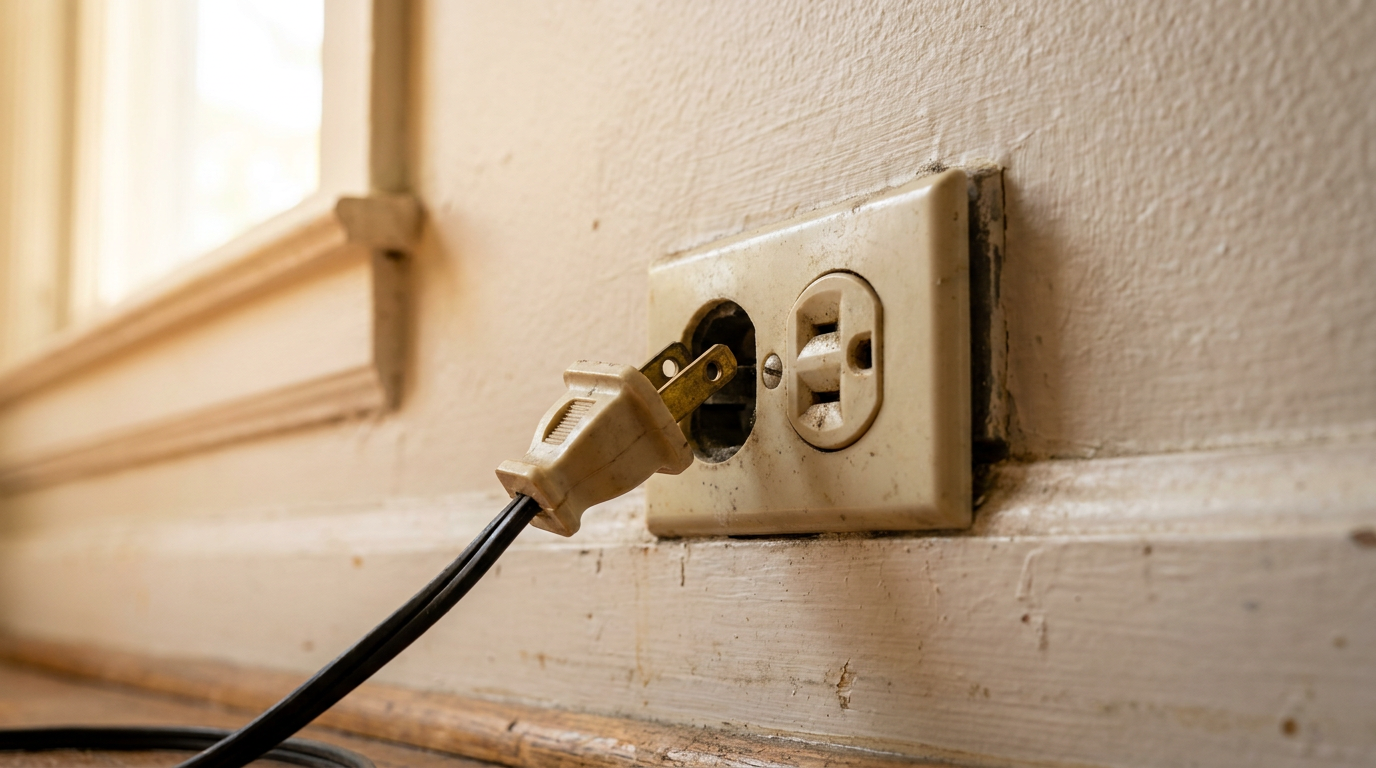 Two-prong electrical plug slipping out of a loose wall outlet receptacle