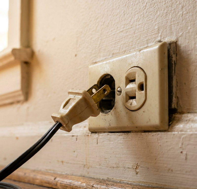 Two-prong electrical plug slipping out of a loose wall outlet receptacle