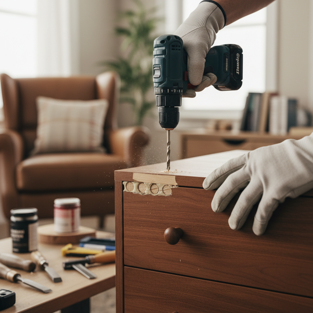 Homeowner drilling new pilot hole in repaired wood furniture with dowel inserts