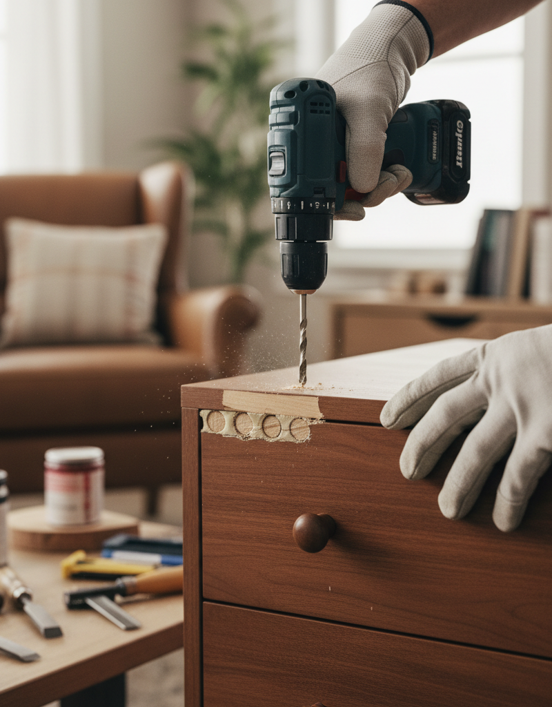 Homeowner drilling new pilot hole in repaired wood furniture with dowel inserts