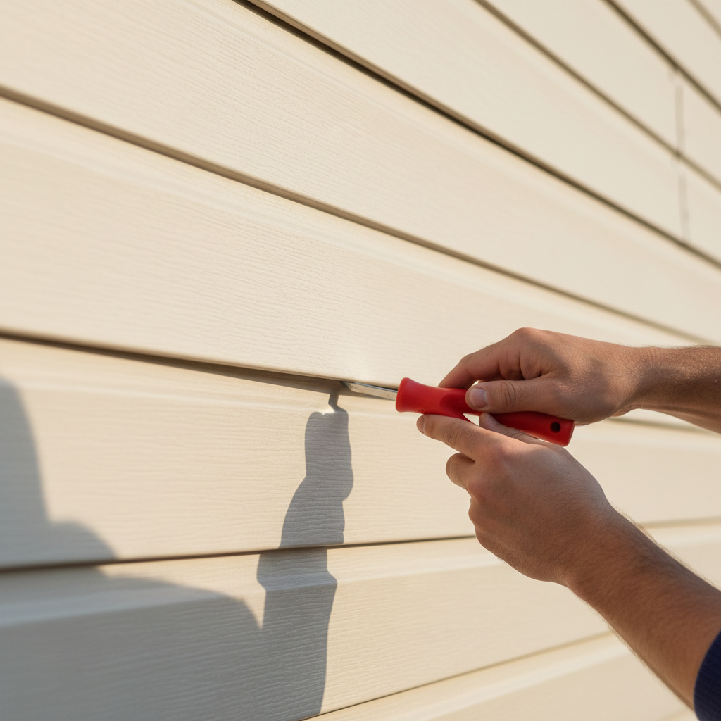 Close-up of hands using a siding removal tool to fix a loose vinyl siding panel on a house.