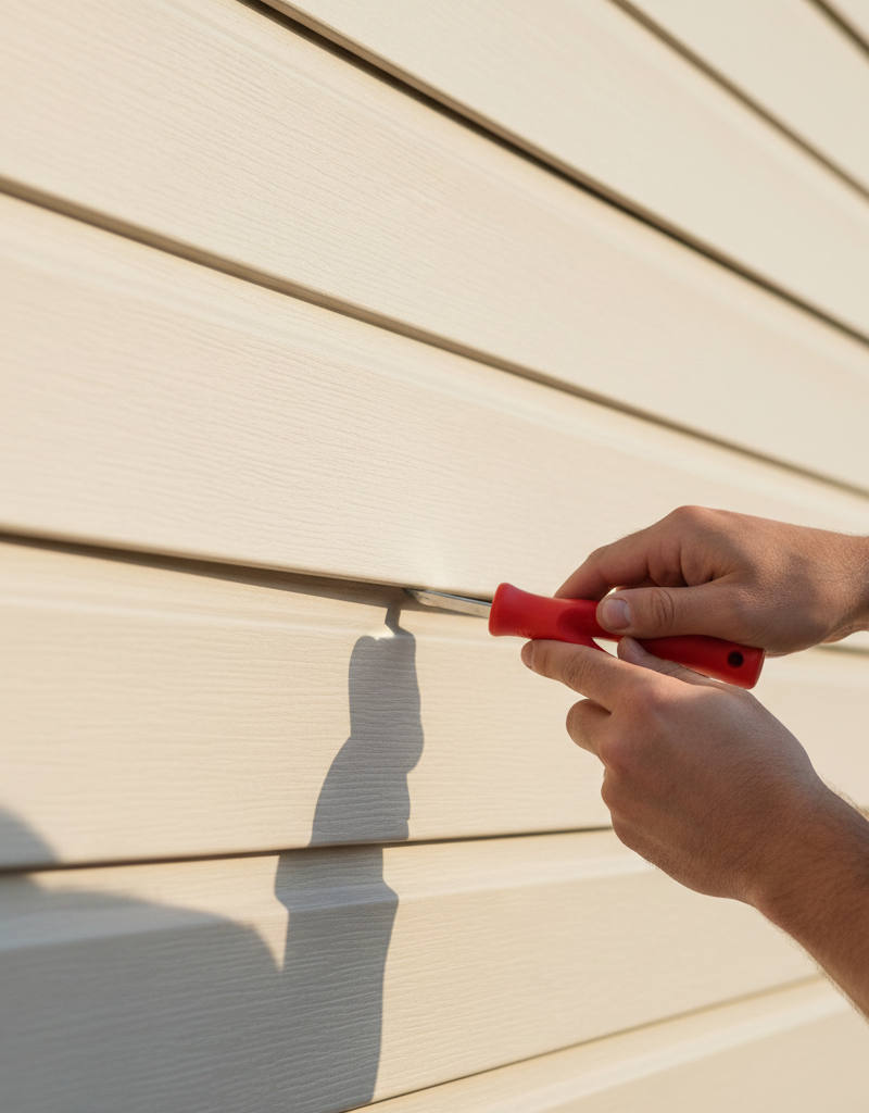 Close-up of hands using a siding removal tool to fix a loose vinyl siding panel on a house.