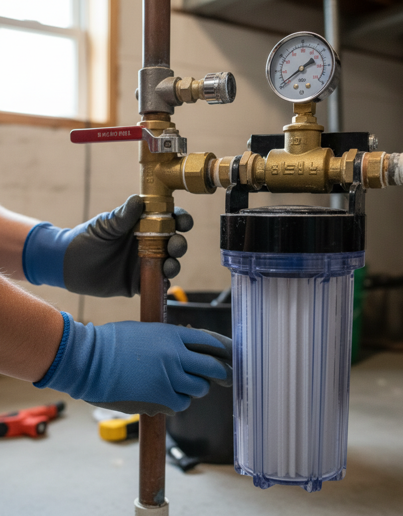 Homeowner checking main water shut-off valve and whole-house water filter for low water pressure.
