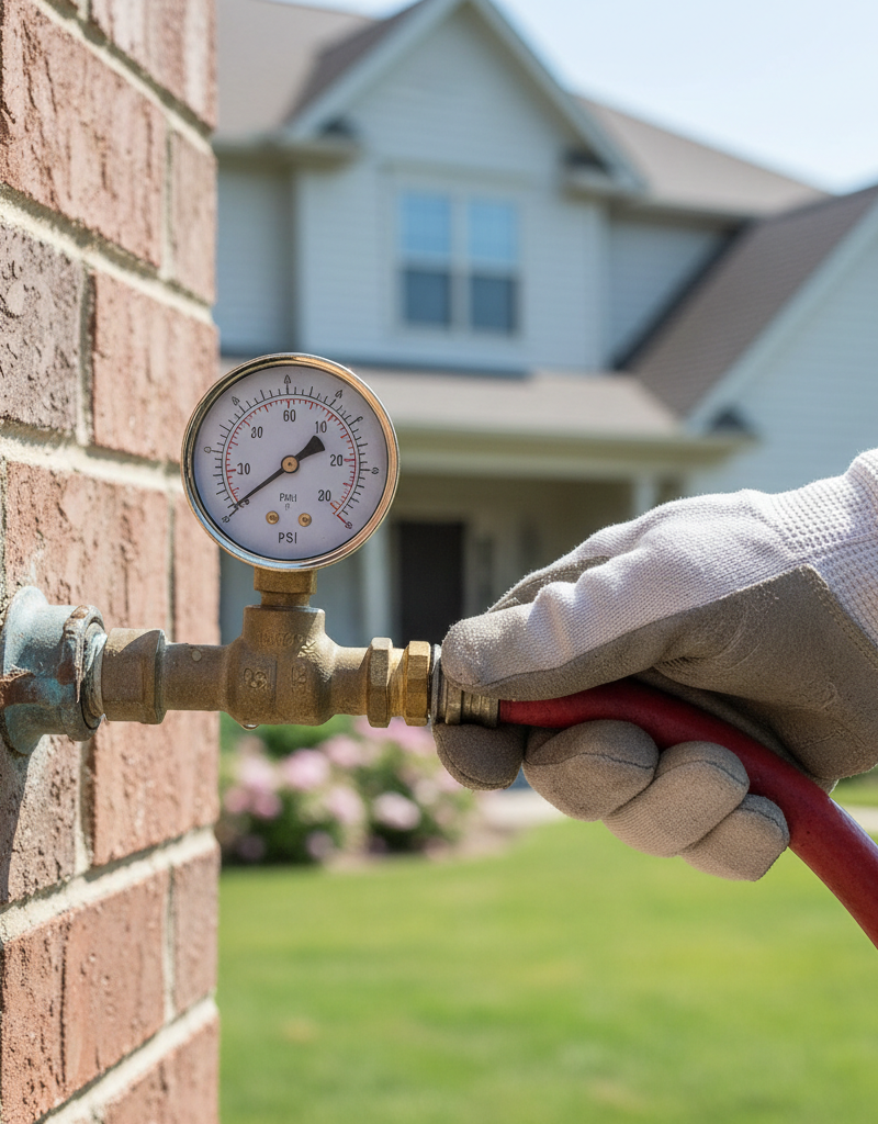 Hand attaching a water pressure gauge to an outdoor spigot to test for low water pressure.