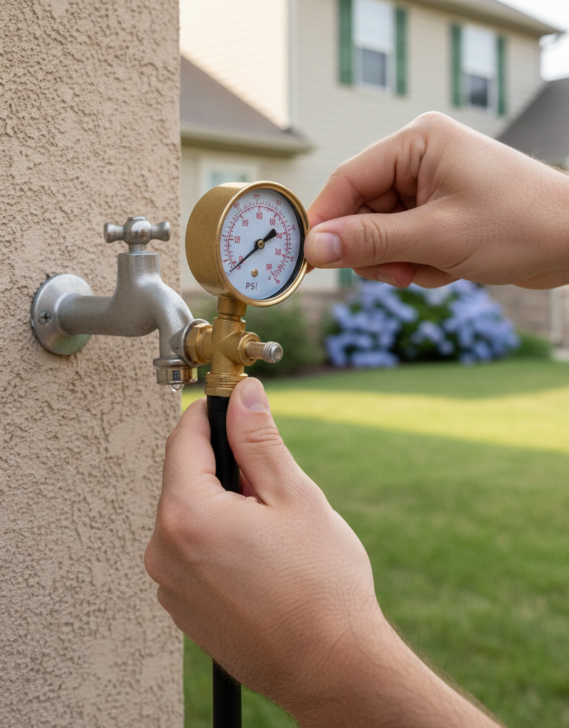 Homeowner testing water pressure with a gauge on an outdoor spigot