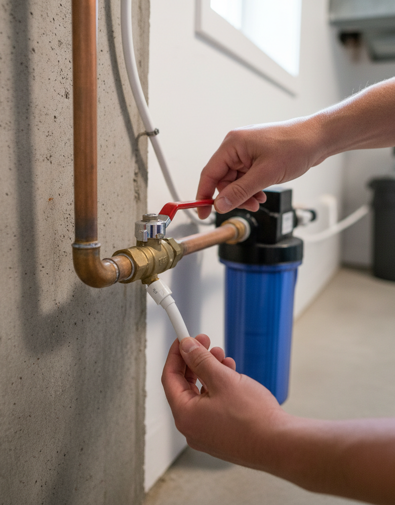 Homeowner inspecting a red-handled main water shut-off valve and a white whole-house water filter system for low water pressure diagnosis.