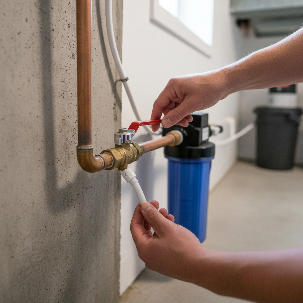 Homeowner inspecting a red-handled main water shut-off valve and a white whole-house water filter system for low water pressure diagnosis.