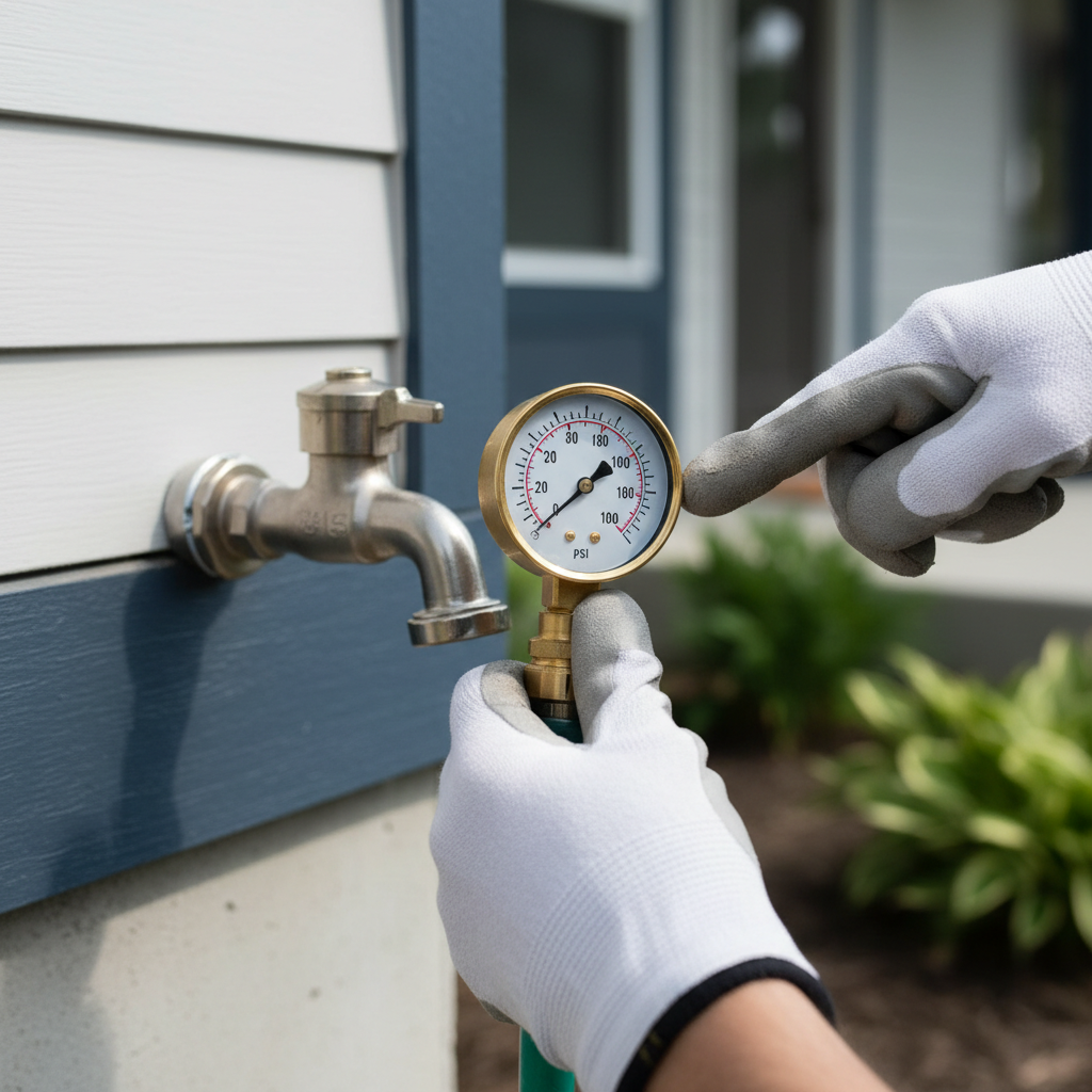 Homeowner testing low water pressure with a gauge on an outdoor spigot