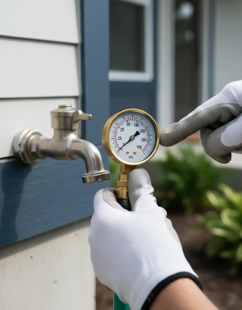 Homeowner testing low water pressure with a gauge on an outdoor spigot