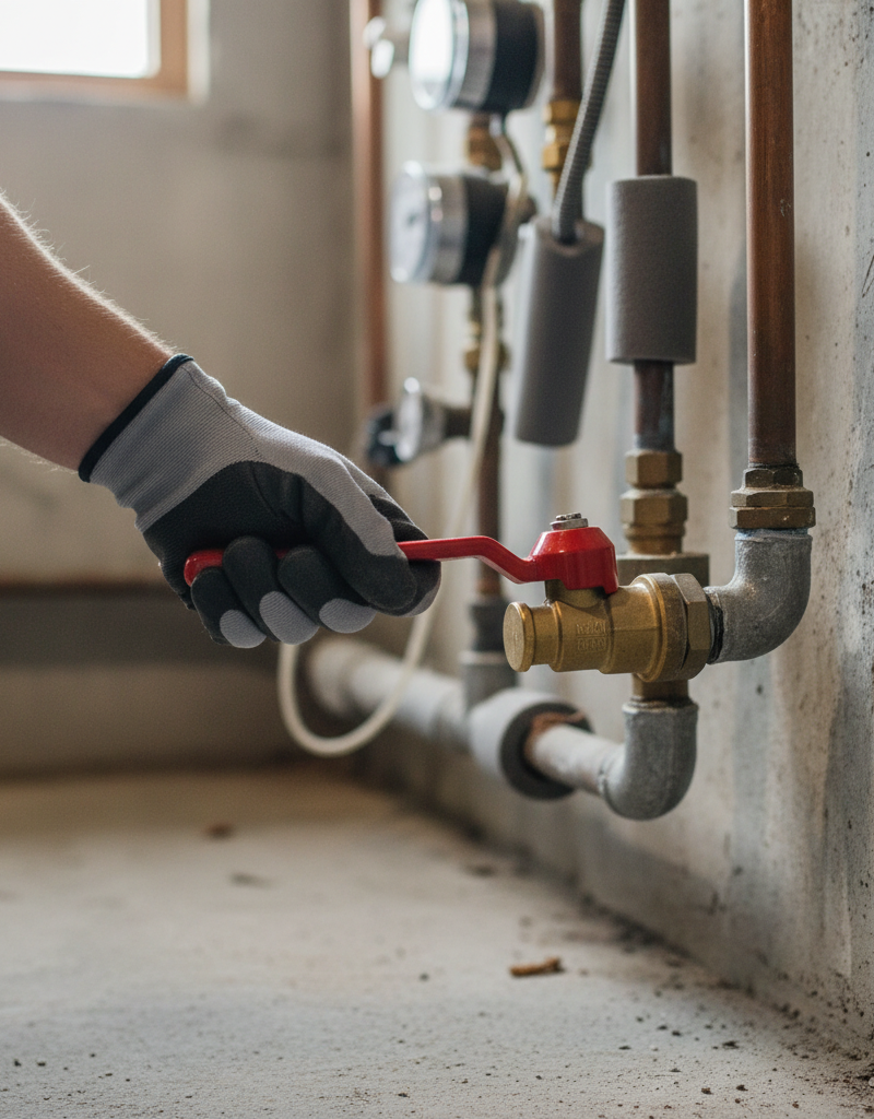 Homeowner checking a red main water shut-off valve to diagnose low water pressure.