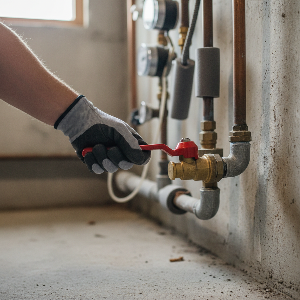 Homeowner checking a red main water shut-off valve to diagnose low water pressure.