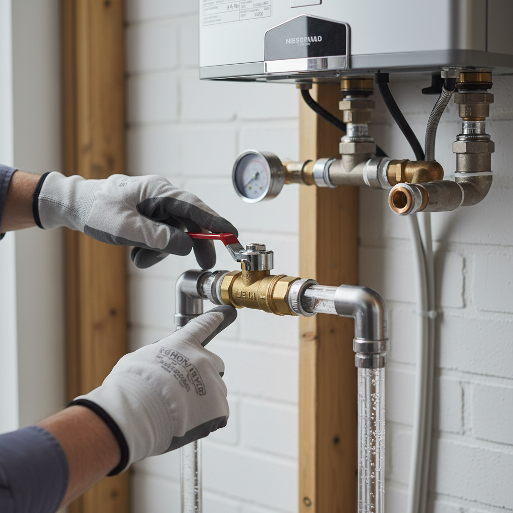 Homeowner's hand turning a main water shut-off valve to increase water pressure