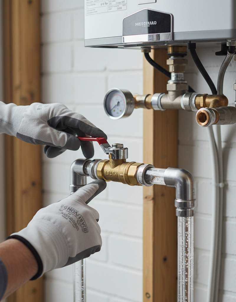 Homeowner's hand turning a main water shut-off valve to increase water pressure