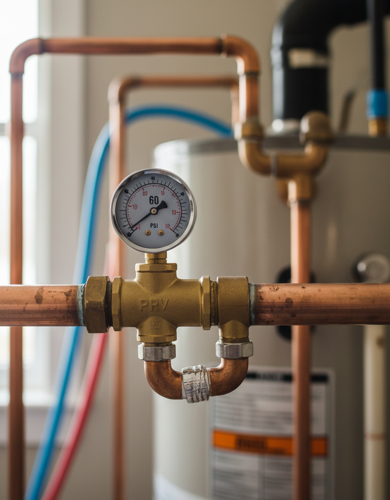 Water pressure gauge attached to a pressure reducing valve on a home's main water line, checking system pressure.