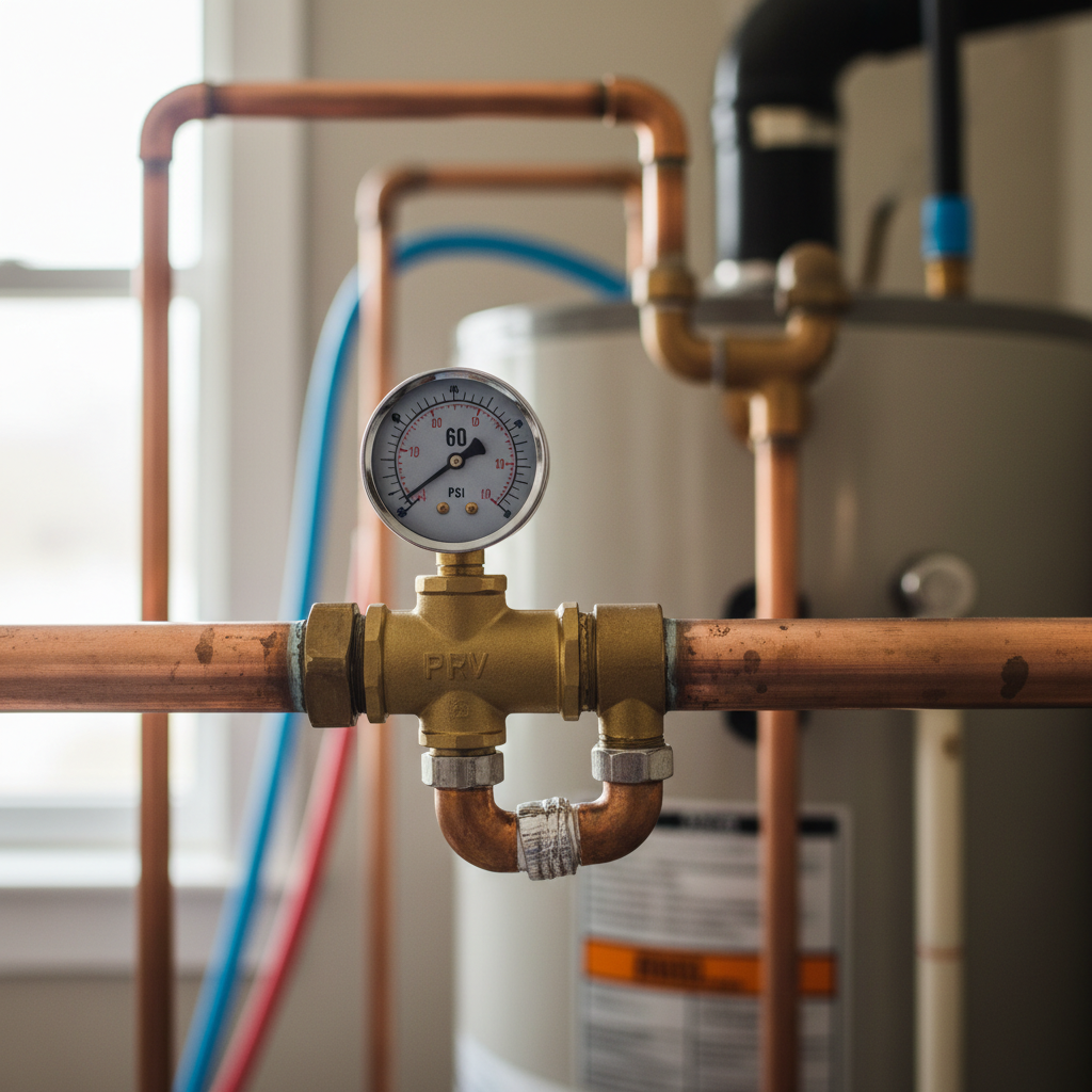 Water pressure gauge attached to a pressure reducing valve on a home's main water line, checking system pressure.