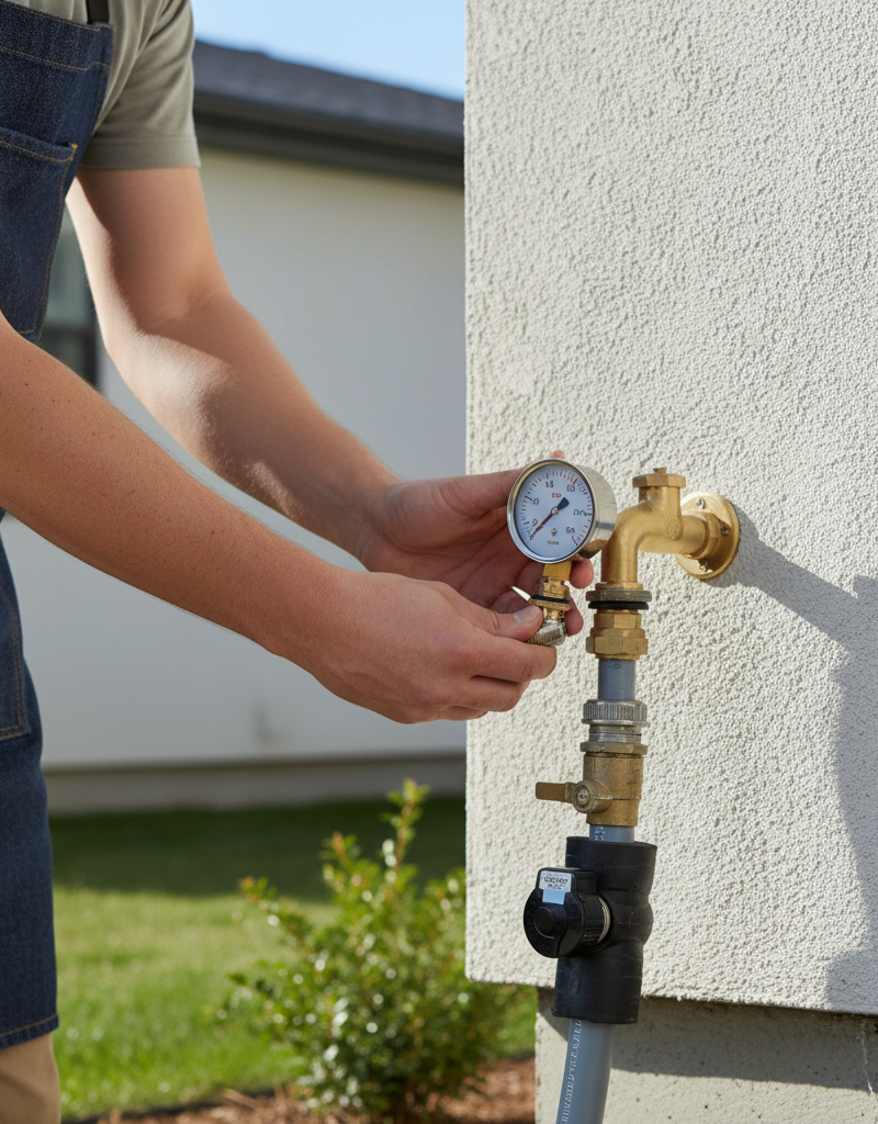 Homeowner testing water pressure with a gauge on an outdoor spigot