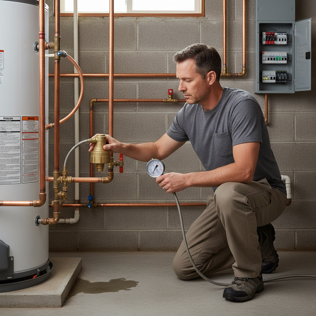 A homeowner checking a brass pressure reducing valve (PRV) on a main water line with a pressure gauge.