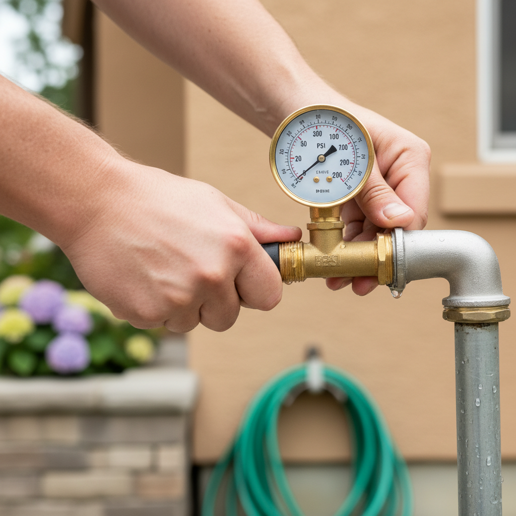 Homeowner installing a water pressure gauge on an outdoor spigot to test water pressure