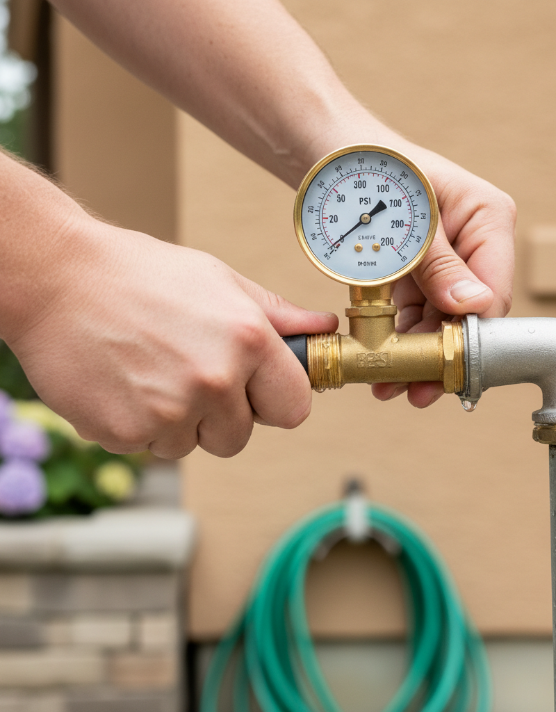 Homeowner installing a water pressure gauge on an outdoor spigot to test water pressure