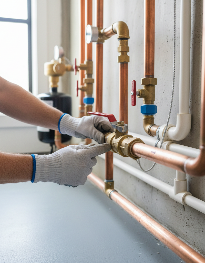 Homeowner checking the main water shut-off valve to diagnose low water pressure.