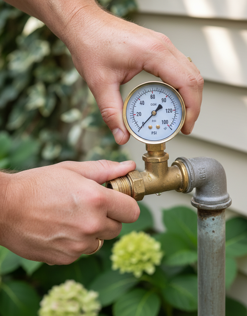Homeowner attaching a water pressure gauge to an outdoor spigot to test for low water pressure.