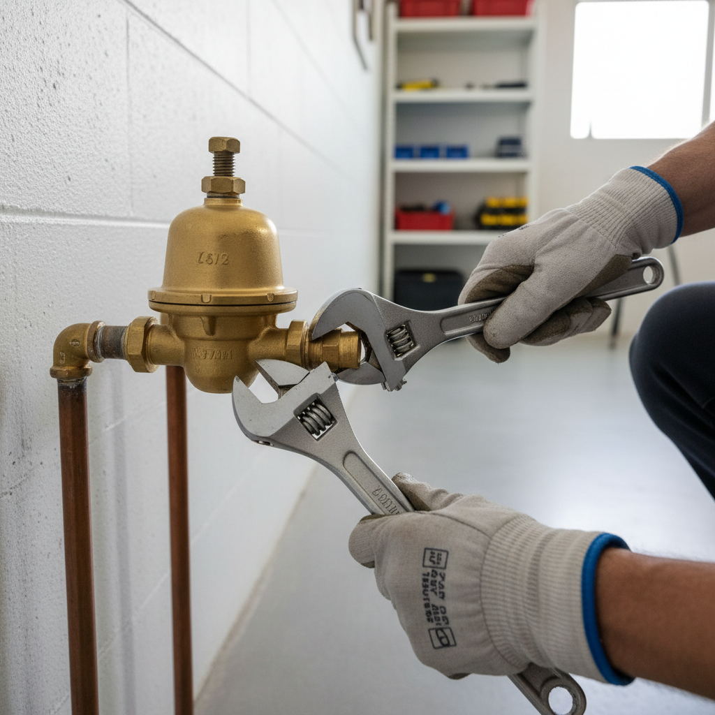 Homeowner repairing a brass water pressure regulator valve on a main water line for low water pressure