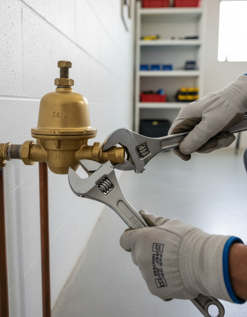 Homeowner repairing a brass water pressure regulator valve on a main water line for low water pressure