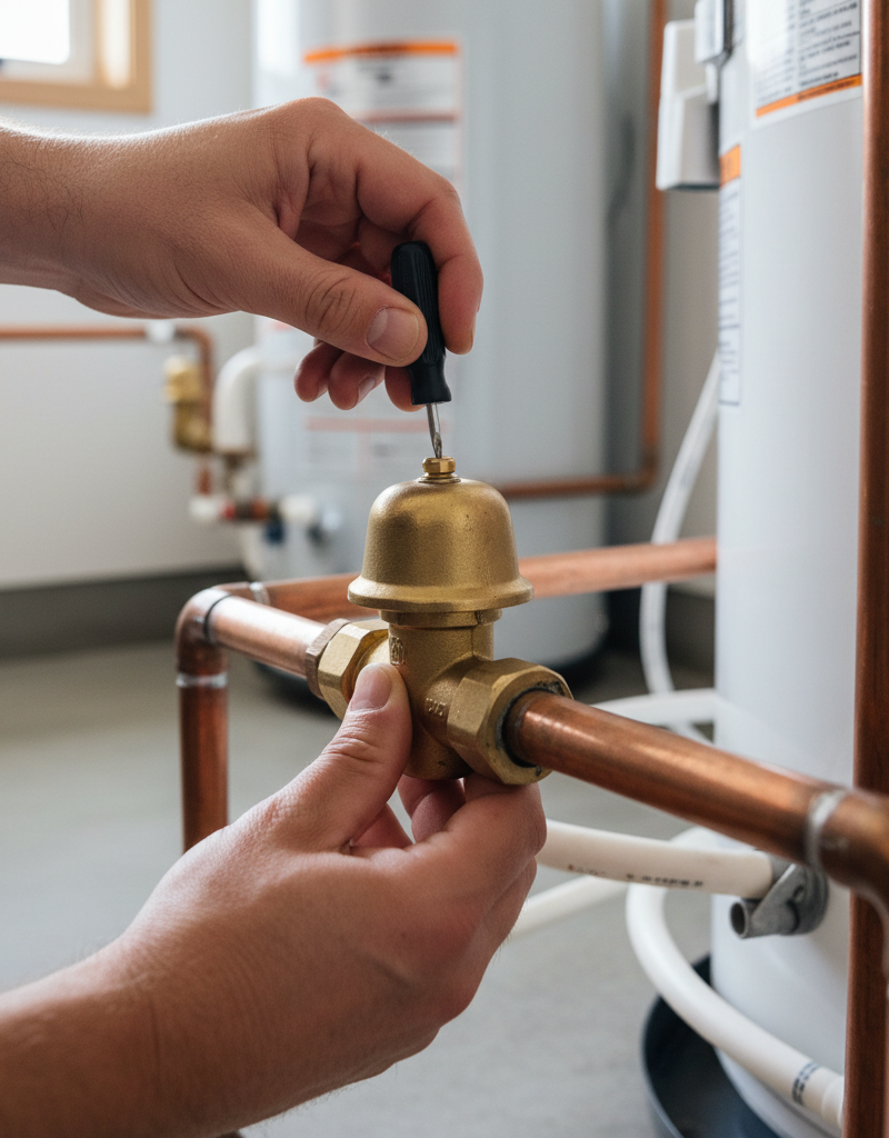 Homeowner inspecting and adjusting a residential water pressure reducing valve (PRV) on main water line.