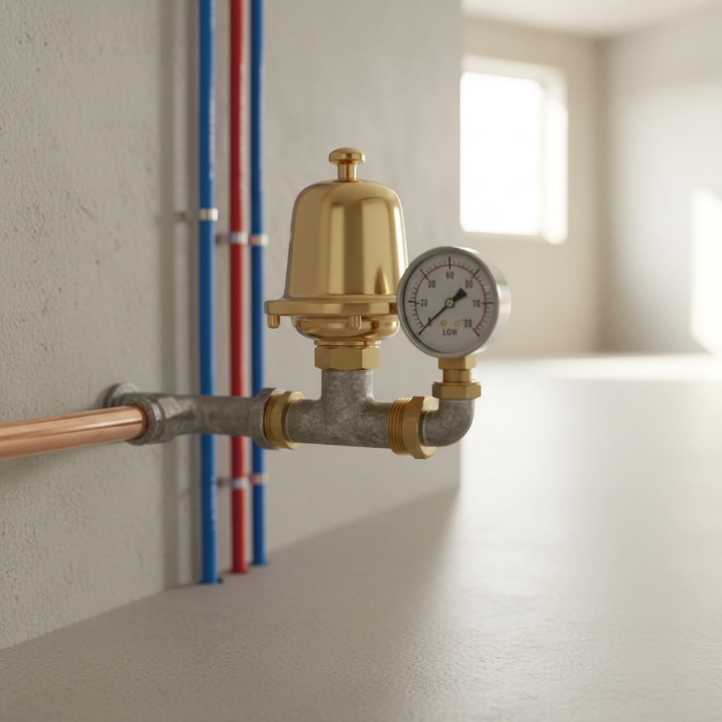 Water pressure gauge showing low pressure on a hose bib, with a water pressure regulator in the background