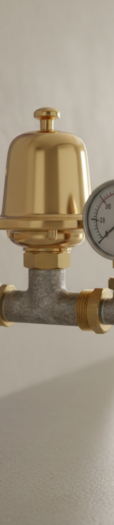 Water pressure gauge showing low pressure on a hose bib, with a water pressure regulator in the background