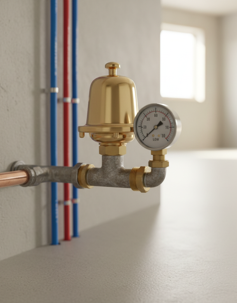 Water pressure gauge showing low pressure on a hose bib, with a water pressure regulator in the background