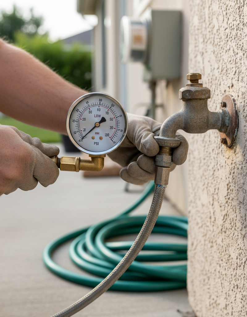 Homeowner testing low water pressure with a gauge on an outdoor spigot