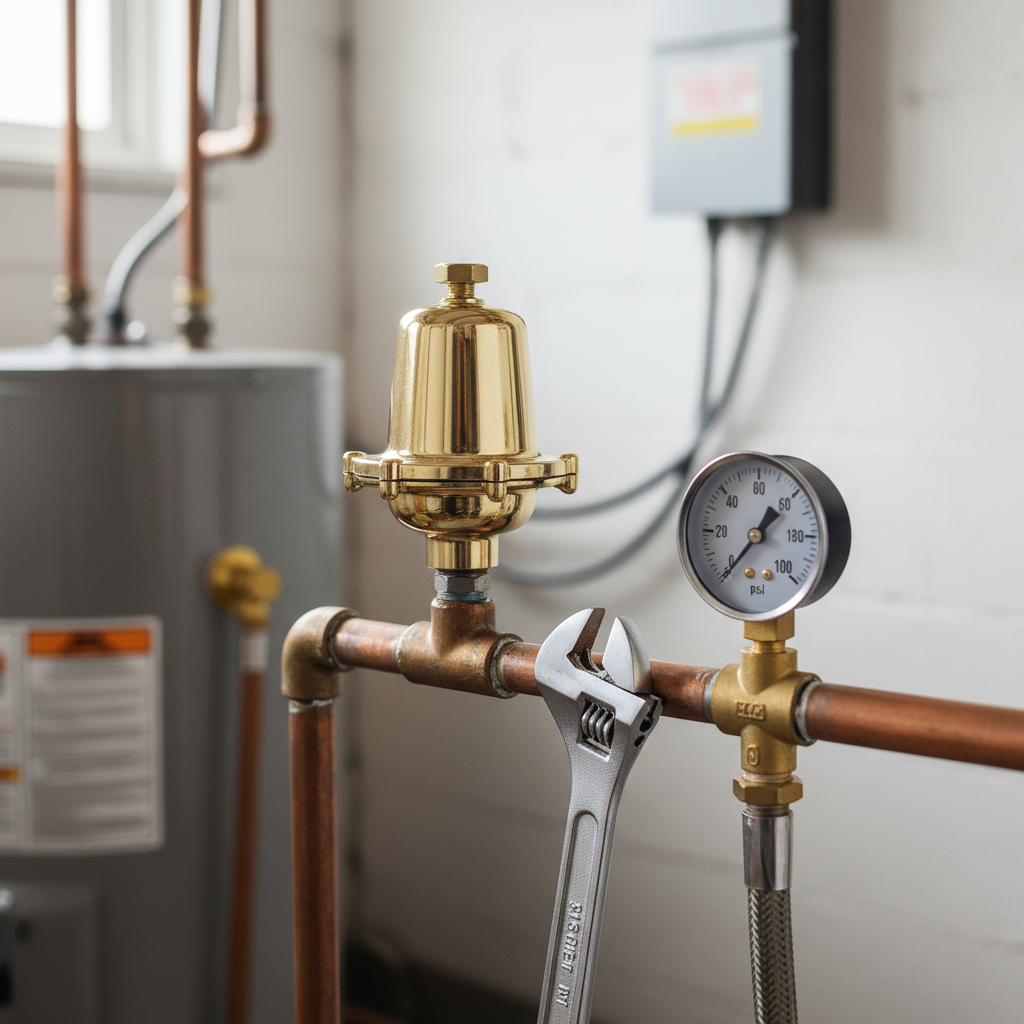 Water pressure regulator on a home's main water line with a pressure gauge attached.