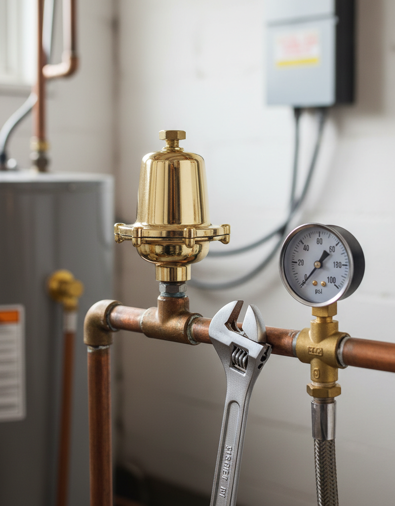 Water pressure regulator on a home's main water line with a pressure gauge attached.