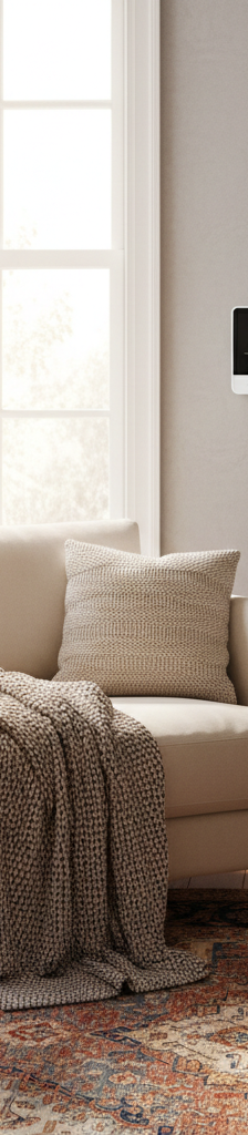 Cozy living room with smart thermostat, sunlight, and insulated window, symbolizing winter energy savings