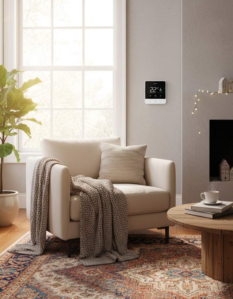 Cozy living room with smart thermostat, sunlight, and insulated window, symbolizing winter energy savings