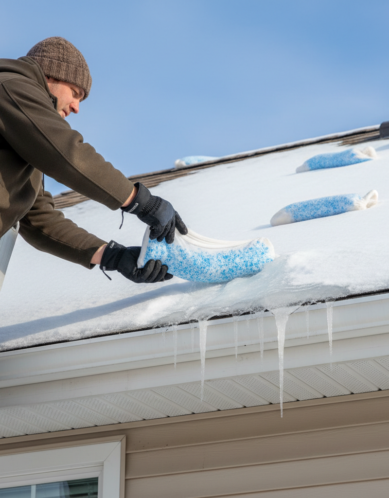 Homeowner carefully placing a nylon stocking filled with roof-safe ice melt onto an ice dam on a snowy roof.