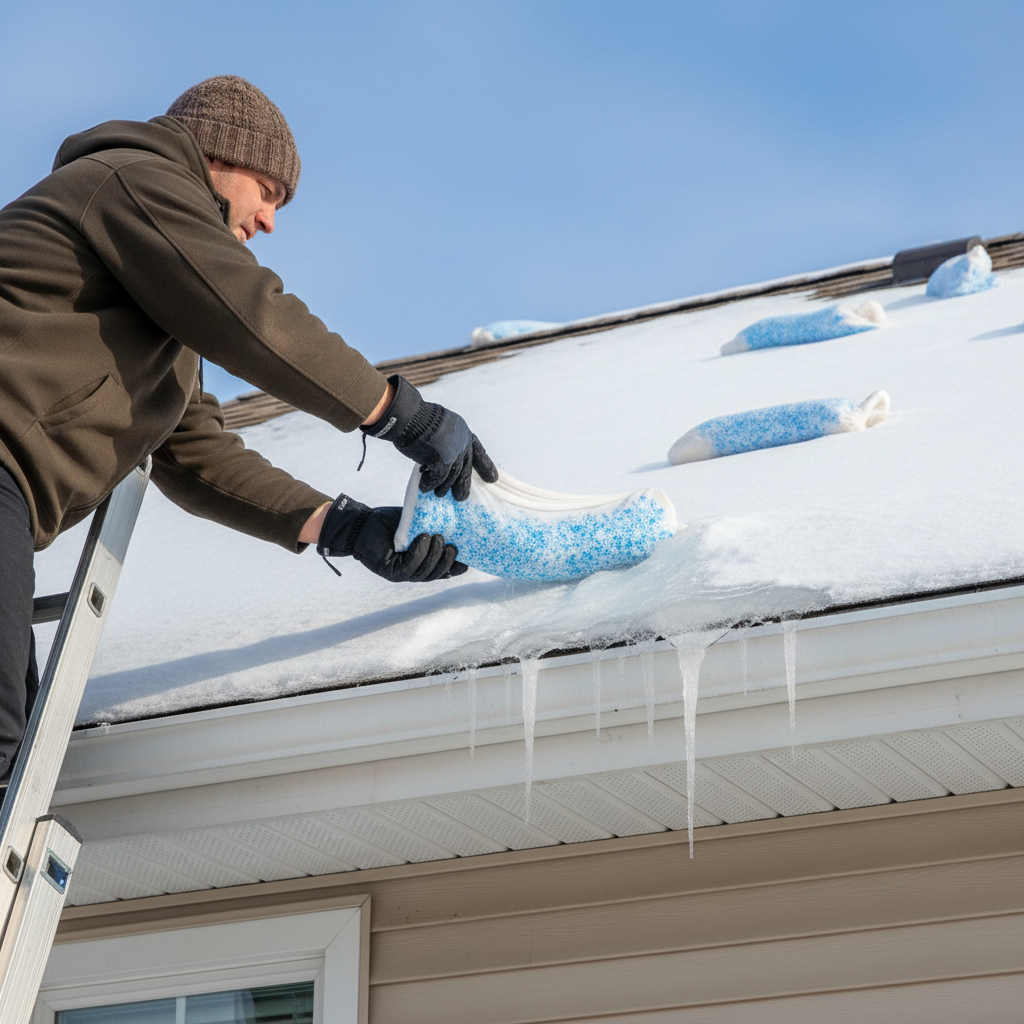 Homeowner carefully placing a nylon stocking filled with roof-safe ice melt onto an ice dam on a snowy roof.