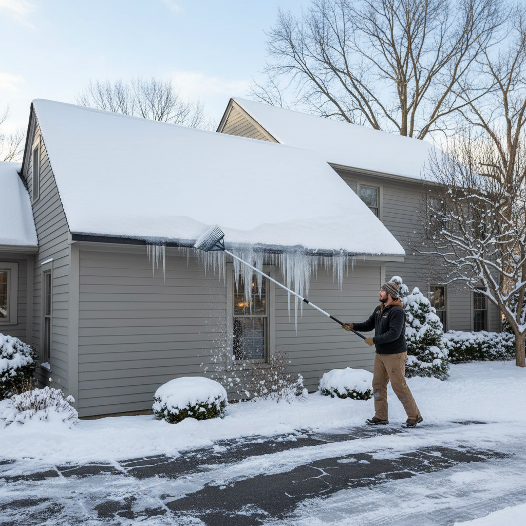 Homeowner safely removing snow from a roof with a rake to prevent ice dams