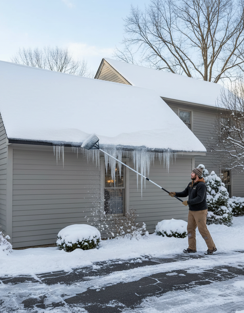 Homeowner safely removing snow from a roof with a rake to prevent ice dams