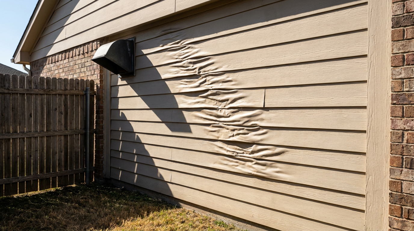 Distorted and heat-warped vinyl siding panels on an exterior residential wall