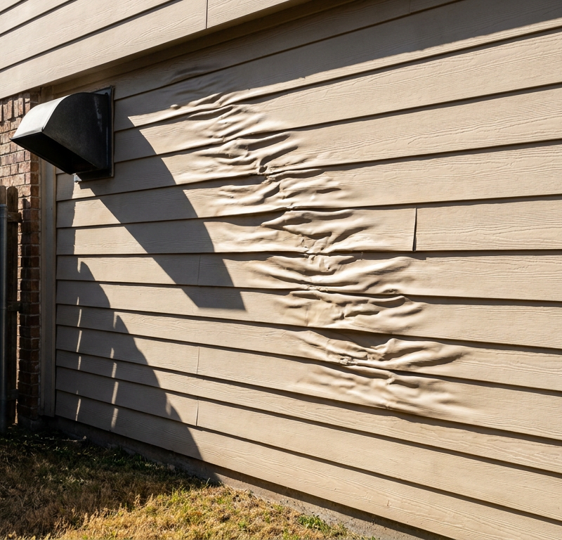 Distorted and heat-warped vinyl siding panels on an exterior residential wall